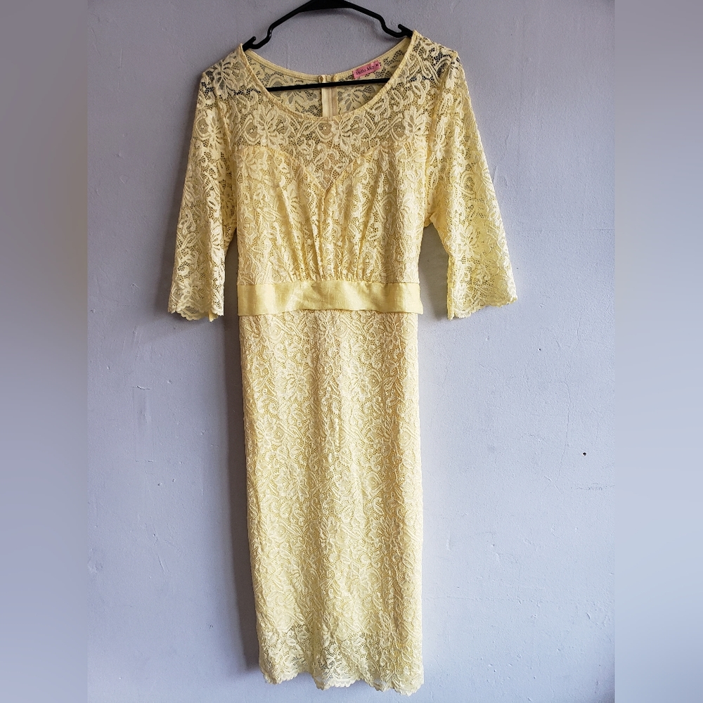 Women's XL large yellow lace long dress tie ruched waist elbow sleeve